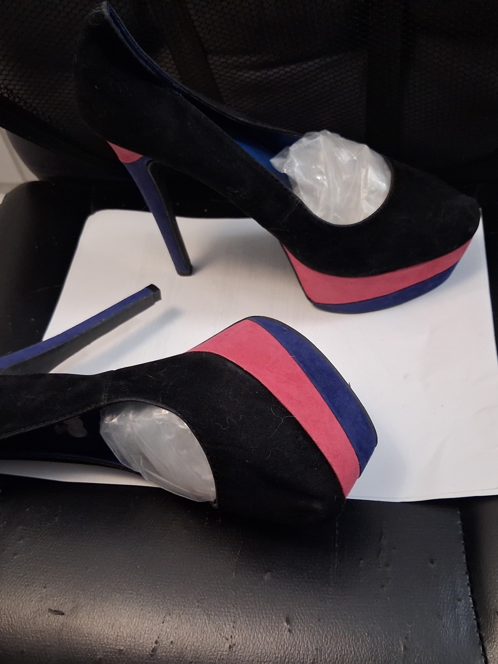 FRH Black Suede Platform Pumps with Pink and Blue Trim